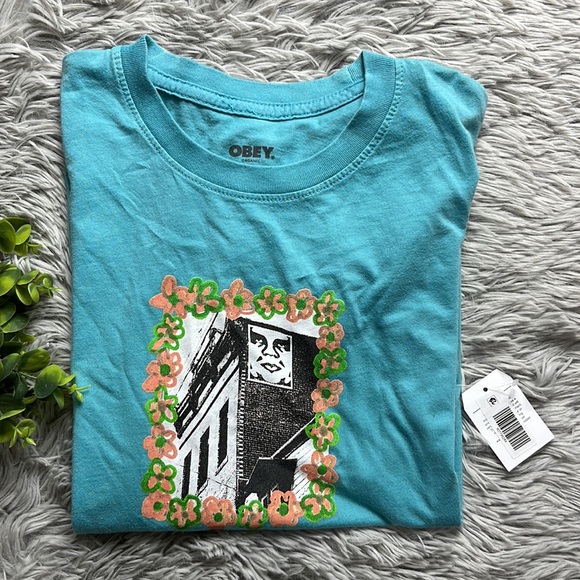 NWT obey teal Flower Frame Organic Cotton Graphic T-Shirt size s - Picture 2 of 6